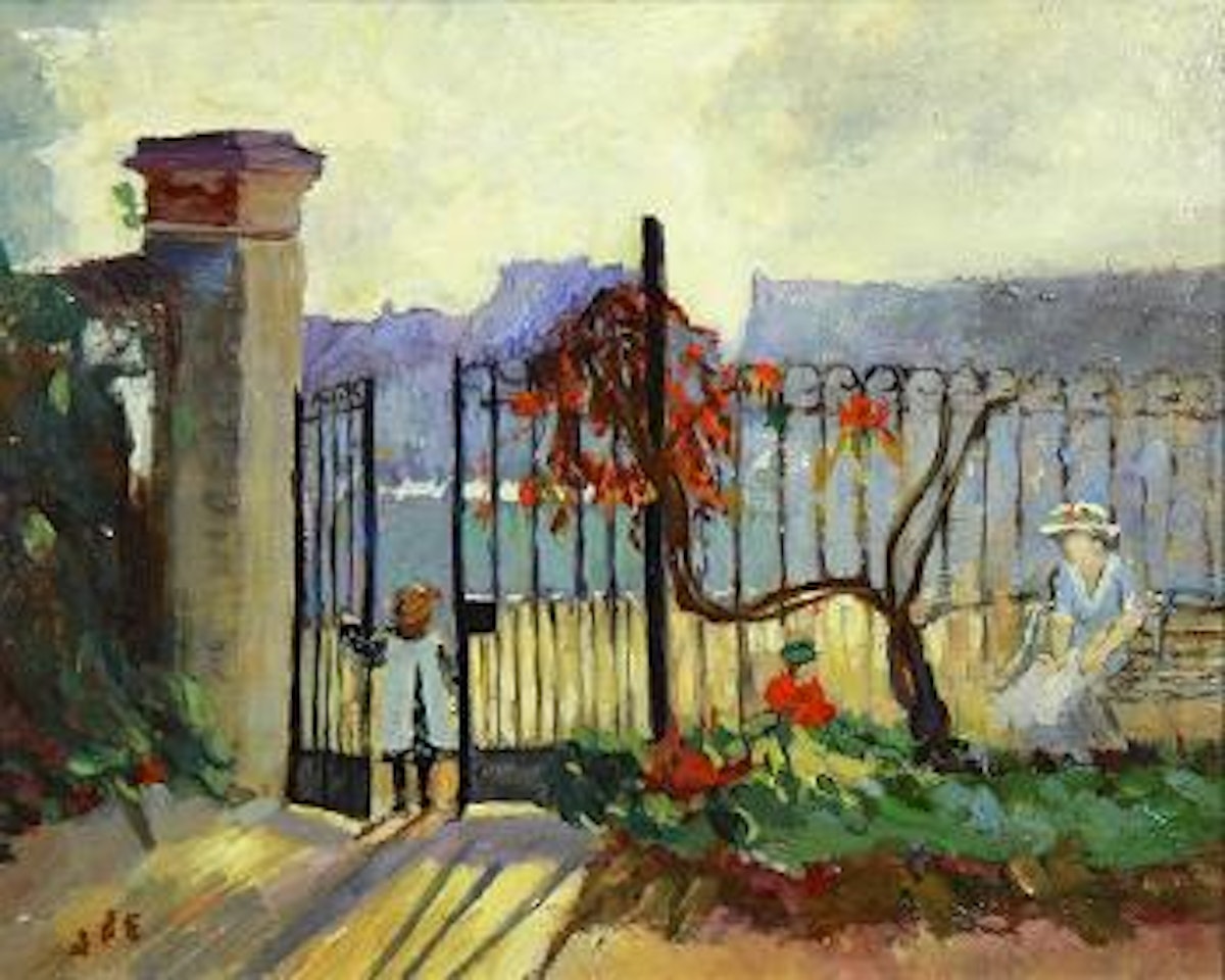 Maman et ses deux enfants dans un parc sur la seine by Georges d’Espagnat