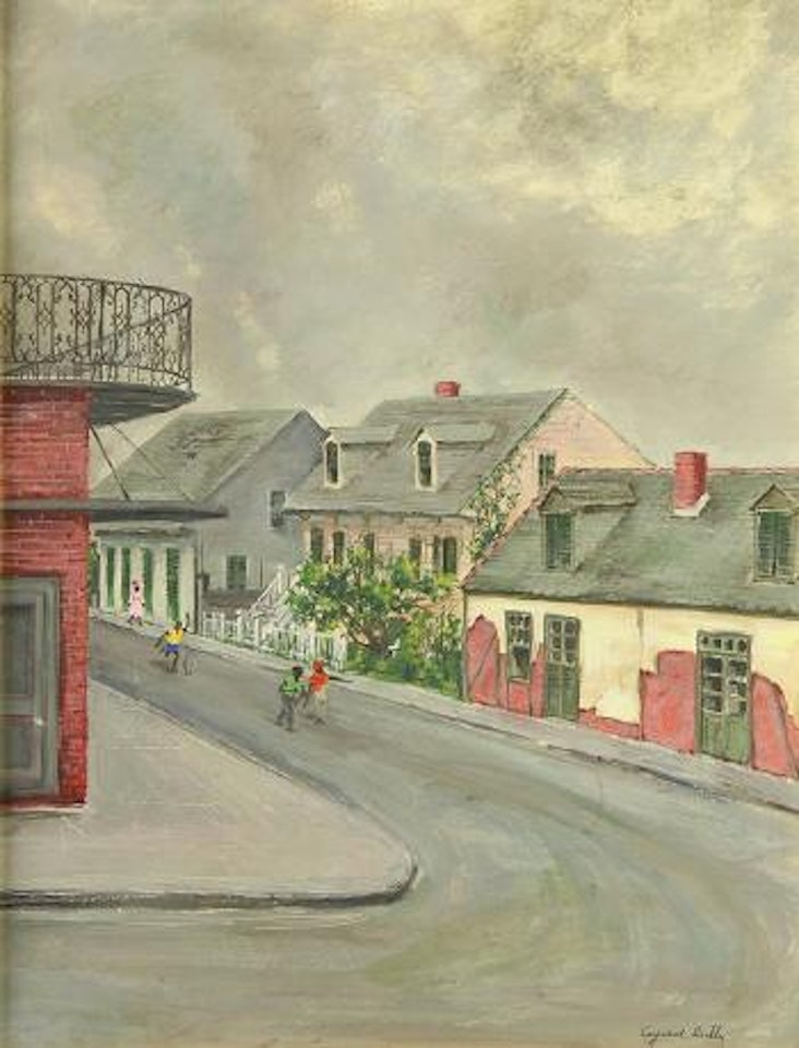 African American boy rolling his hoop through a new orleans street by Alfred Hutty