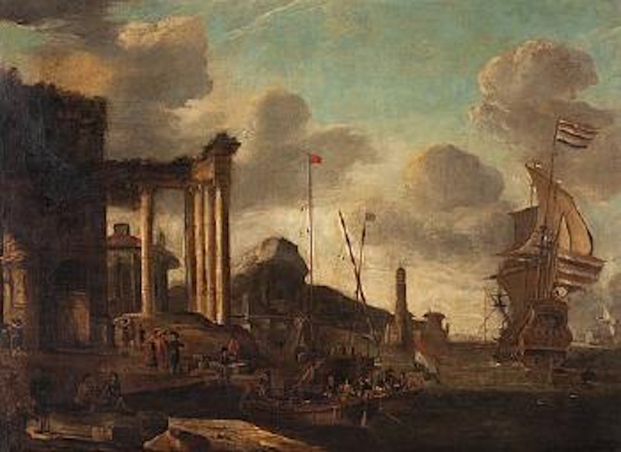 A port by the Mediterranean with boats and figures by Abraham Storck