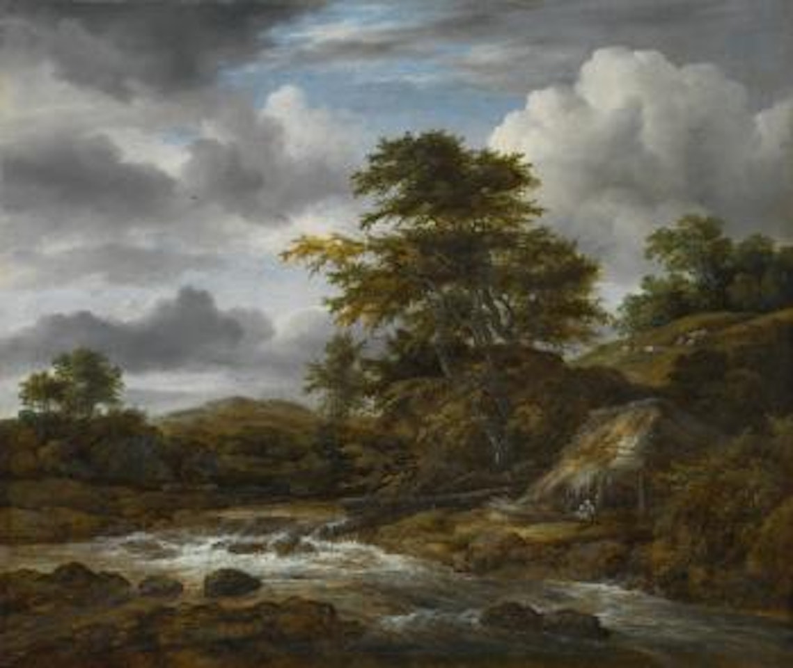 Low waterfall in a hilly landscape with a thatched cottage by Jacob Salomonsz. van Ruysdael