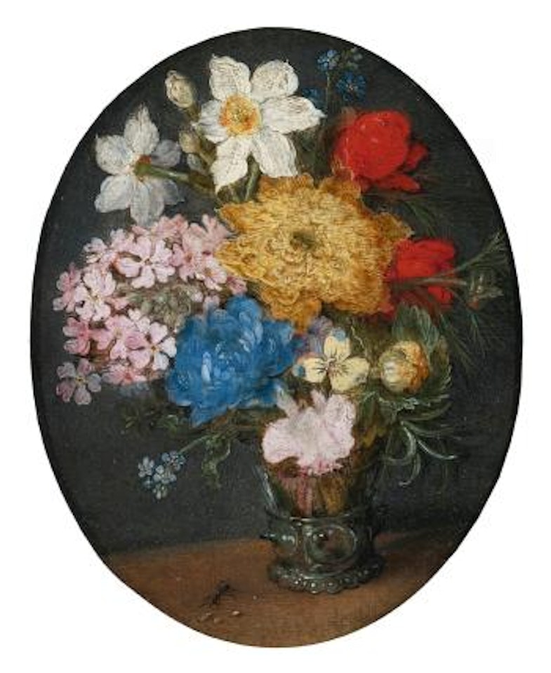 Narcissi, chrysanthemums, roses, forget-me-nots, a sprig of rosemary and other flowers in a roemer with an ant on a table by Jan Brueghel the Younger