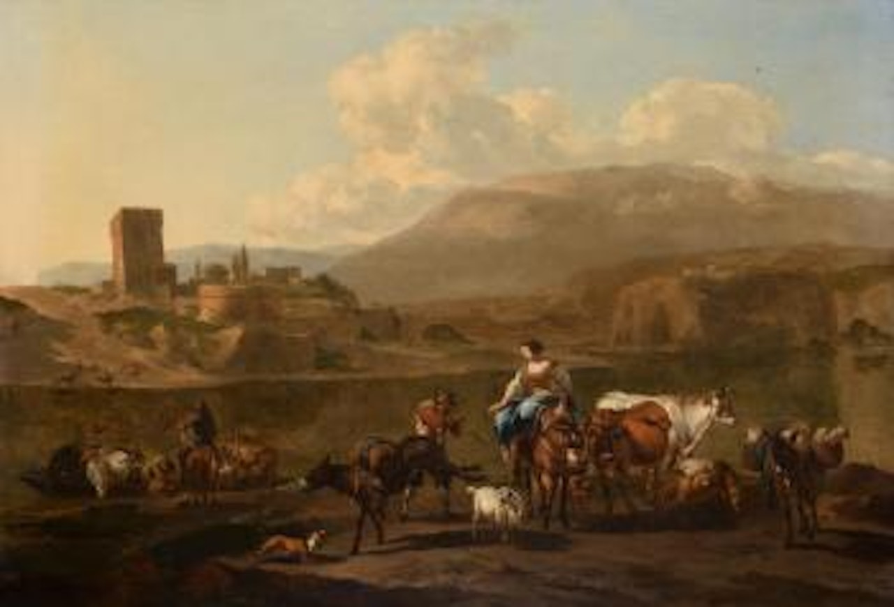 Classical landscape with figures and animals by Nicolaes Pietersz Berchem