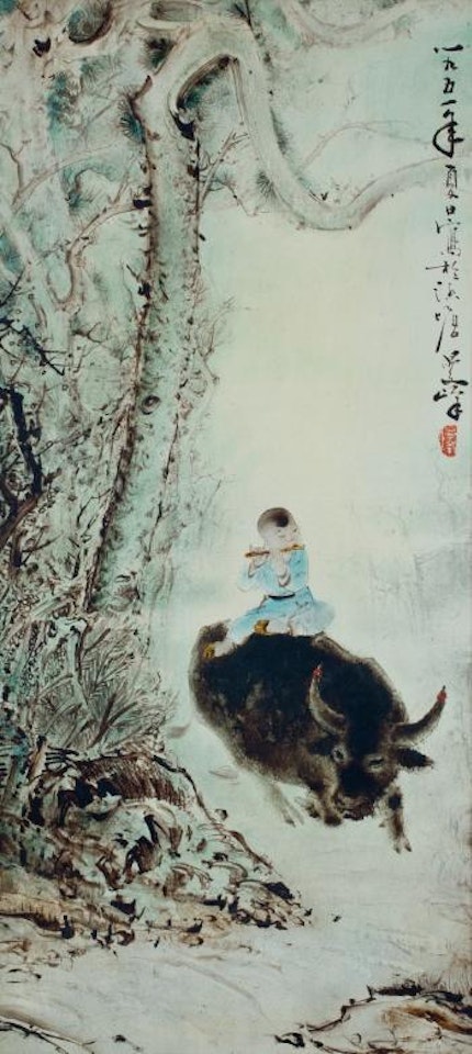 Boy with flute on a buffalo by Lee Man Fong