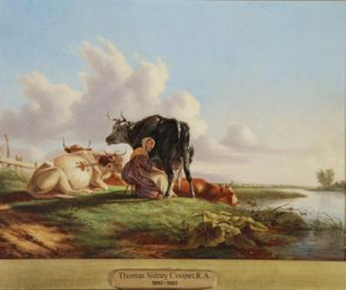 Milkmaid with cattle on a riverbank by Thomas Sidney Cooper