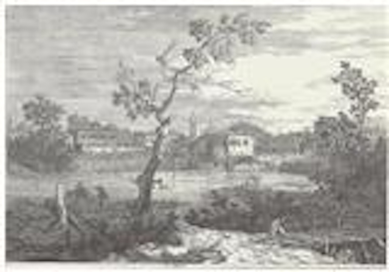 A view of a town at a river bank by Canaletto