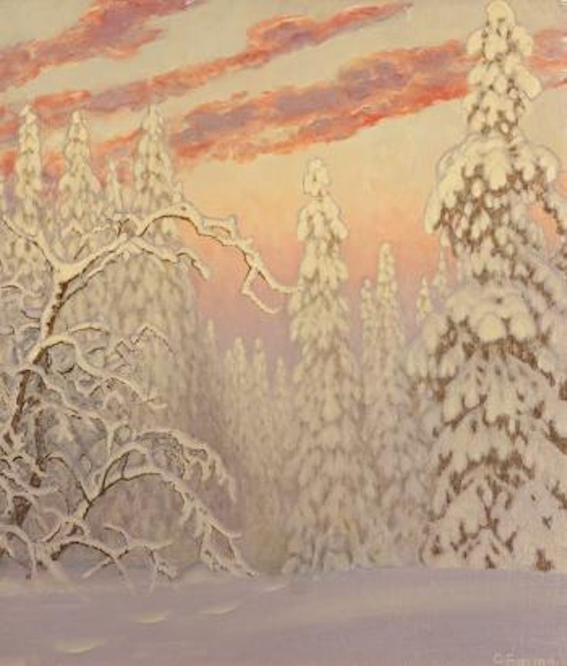 Winter landscape under crimson sky by Gustaf Fjaestad
