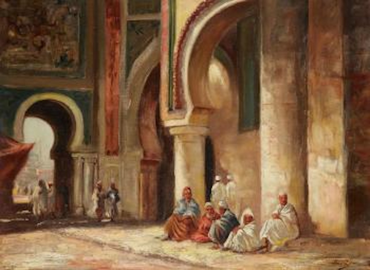Personnages assis dans la Mosqué Ibn Tulun, au fond la Mosquée Muhamed Ali by Narcisse Berchere
