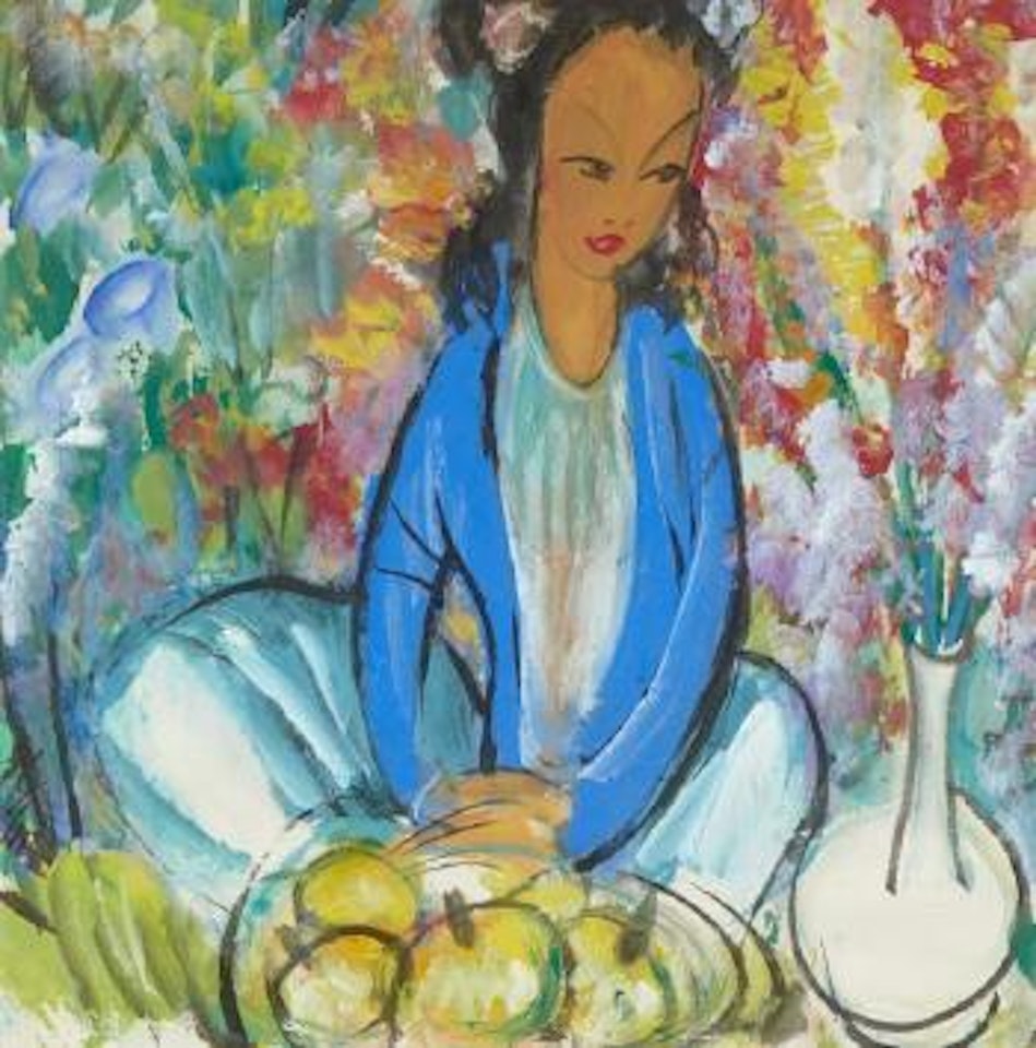Jeune femme dans un paysage fleuri by Lin Fengmian