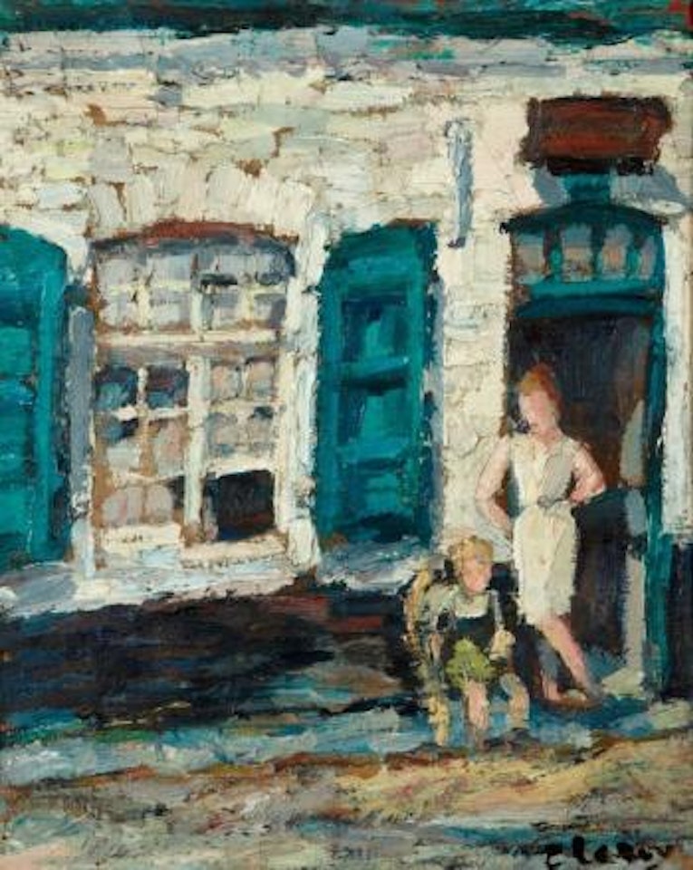Femme avec enfant à la porte by Eugène Leroy