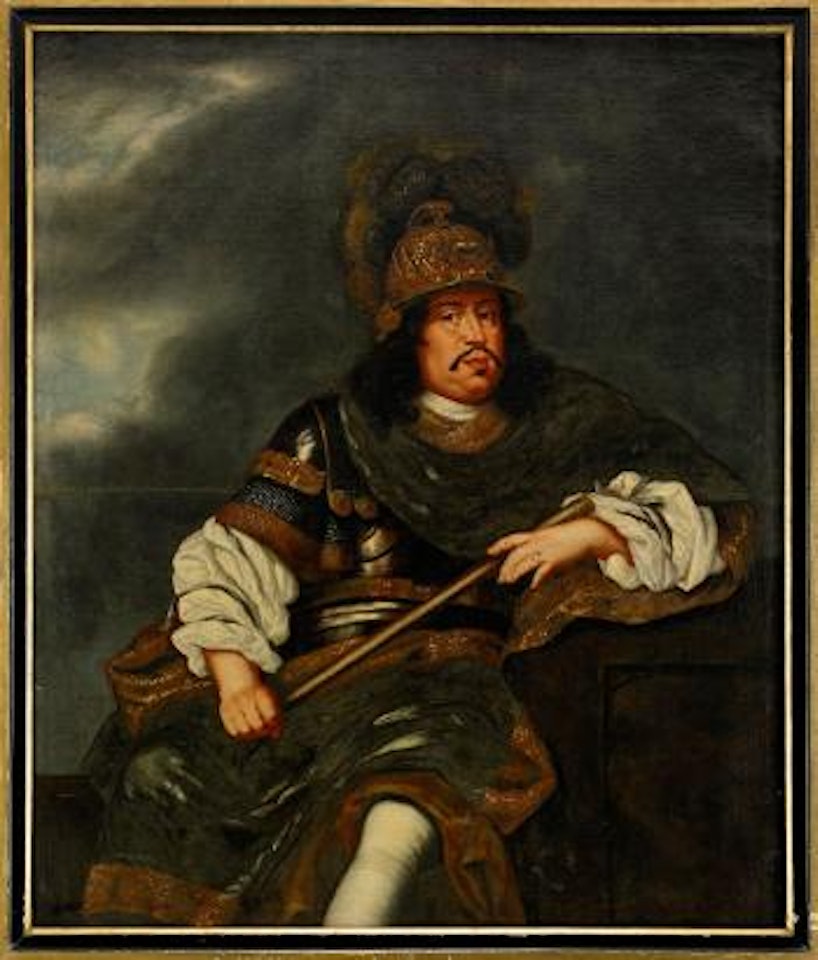 Porträtt av kung Karl X Gustav (1622-1660) som triumfator, iklädd romersk rustning med förgyllda dekorelement samt plymagerad hjälmkrona, .. by David Klöcker von Ehrenstrahl