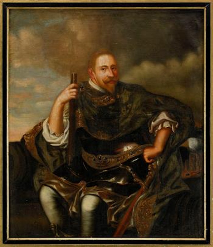 Porträtt av kung Gustav II Adolf (1594-1632) iklädd harnesk och guldbroderad grön mantel över den "romerska" dräkten by David Klöcker von Ehrenstrahl