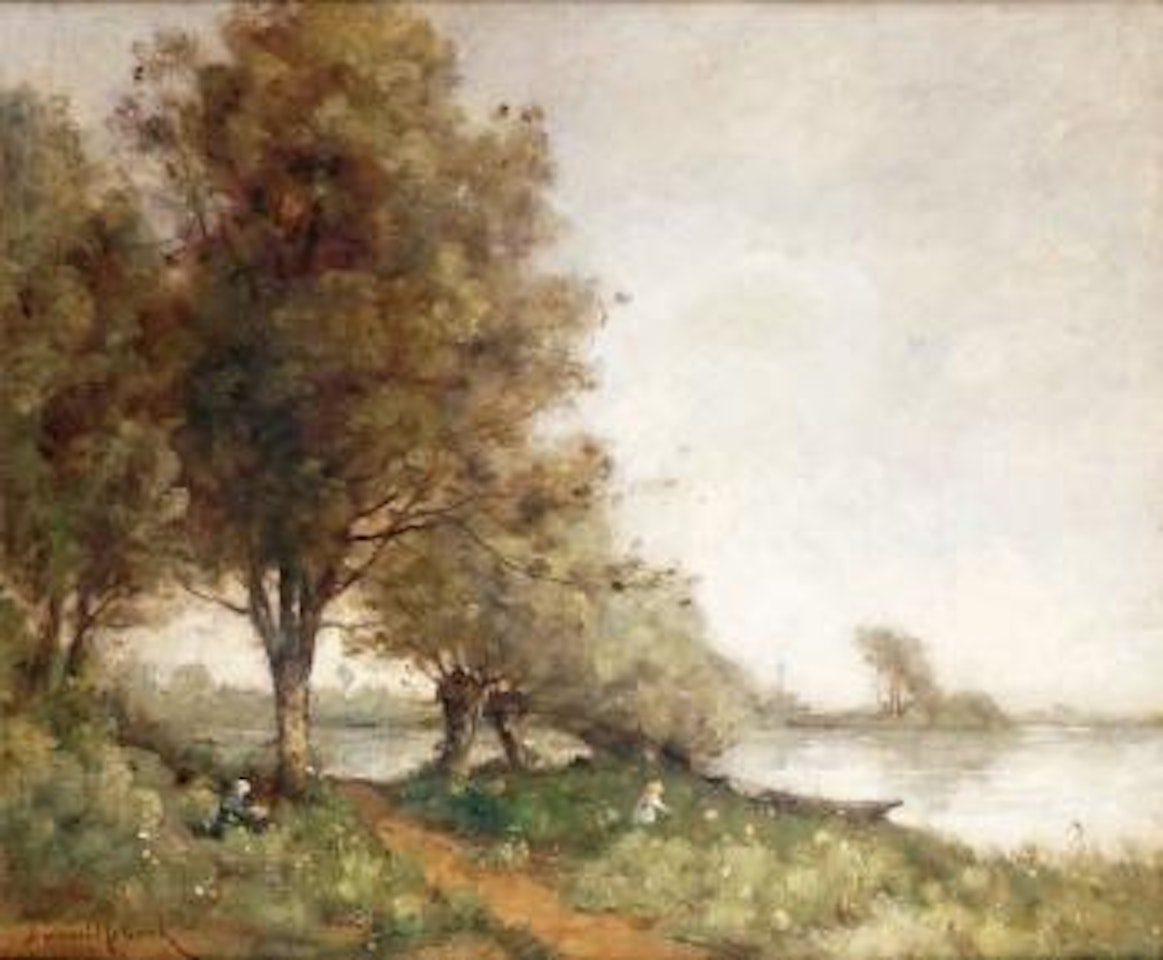 Fillette et Barque en Bord de Rivière by Paul Désiré Trouillebert