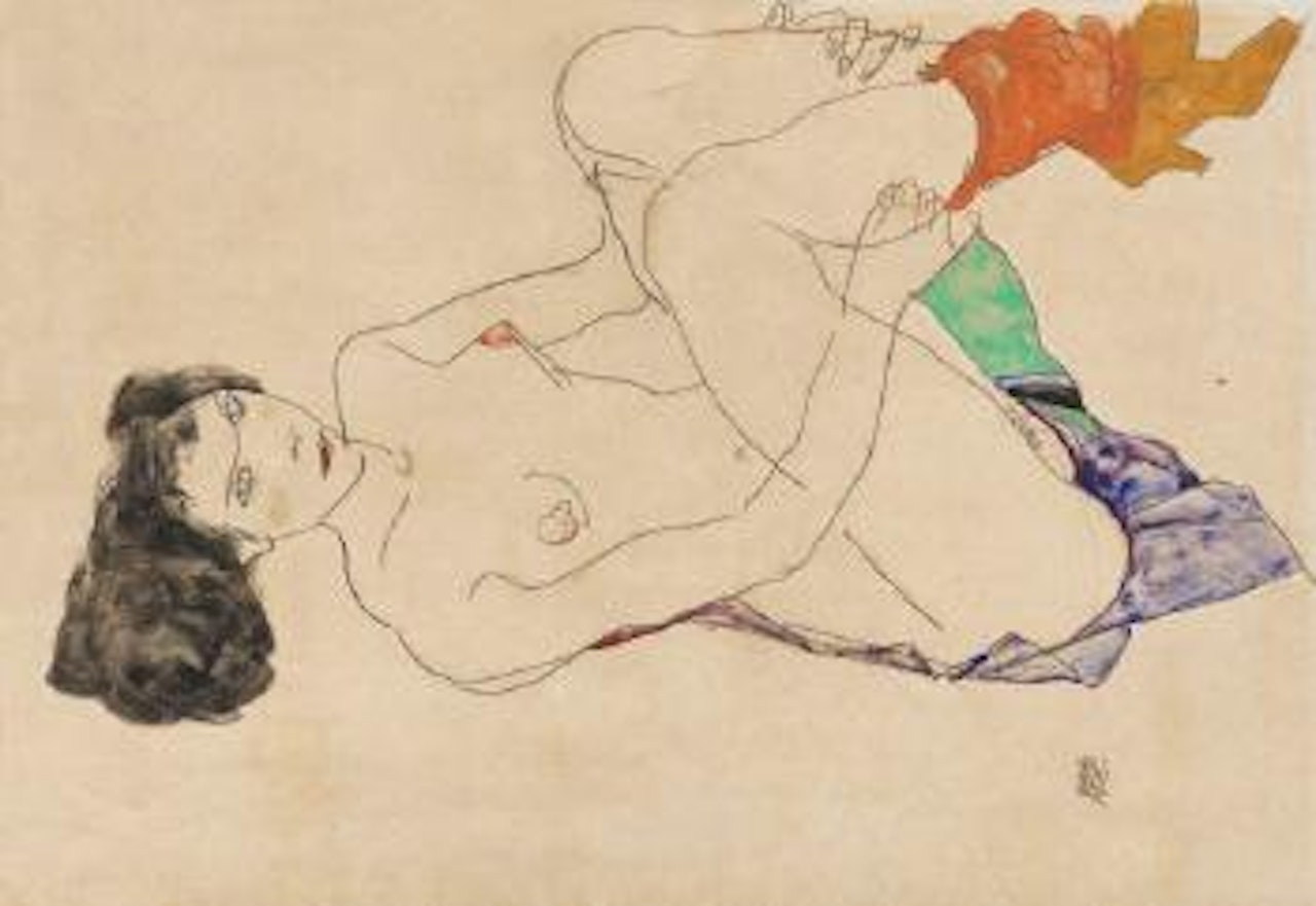 Liegender weiblicher Akt mit angezogenen Beinen by Egon Schiele