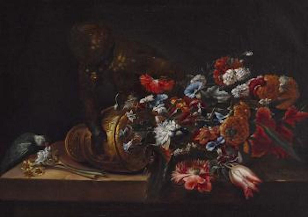 Blumenstillleben mit einem Affen und einem Papagei by Roman School