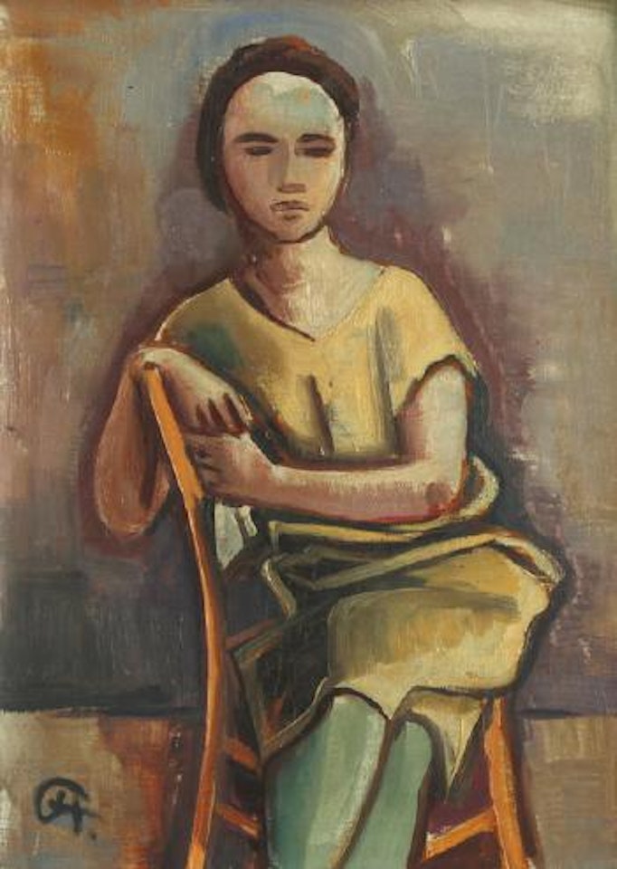 Sitzende in gelbem Kleid mit grünen Strümpfen by Karl Hofer