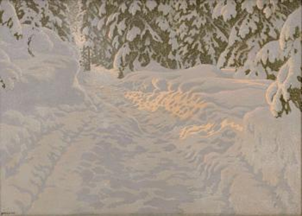 Soleffekt i snötyngd skog by Gustaf Fjaestad