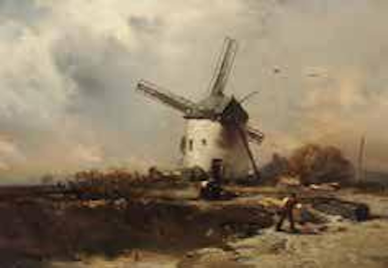 Bauern vor der Windmühle bei aufkommendem Gewitter by Charles Hoguet