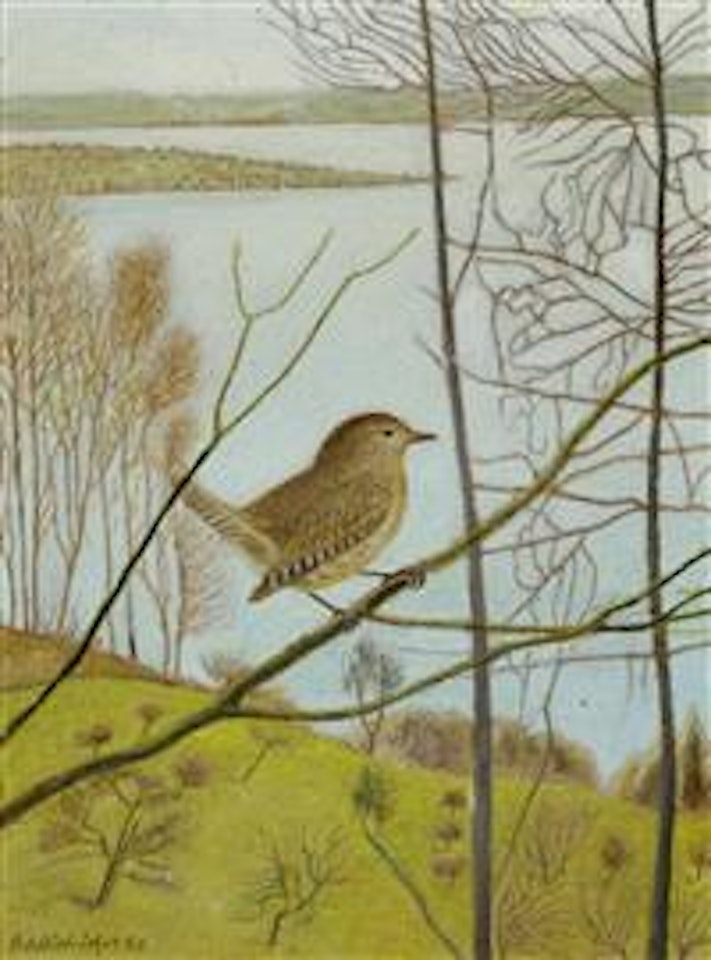 A Wren Before a Lake Landscape by Adolf Dietrich