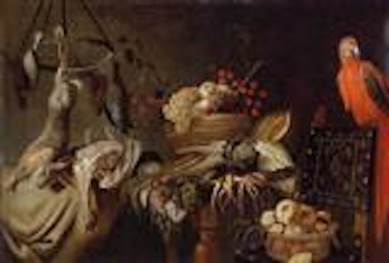 Still life of fruit and vegetables, with parrot and game by Adriaen van Utrecht