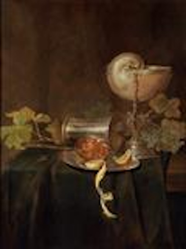 A banquet still life with a nautilus goblet, a toppled silver beaker, a sliced pomegranate and peeled lemon on a silver plate by Jan Davidsz de Heem