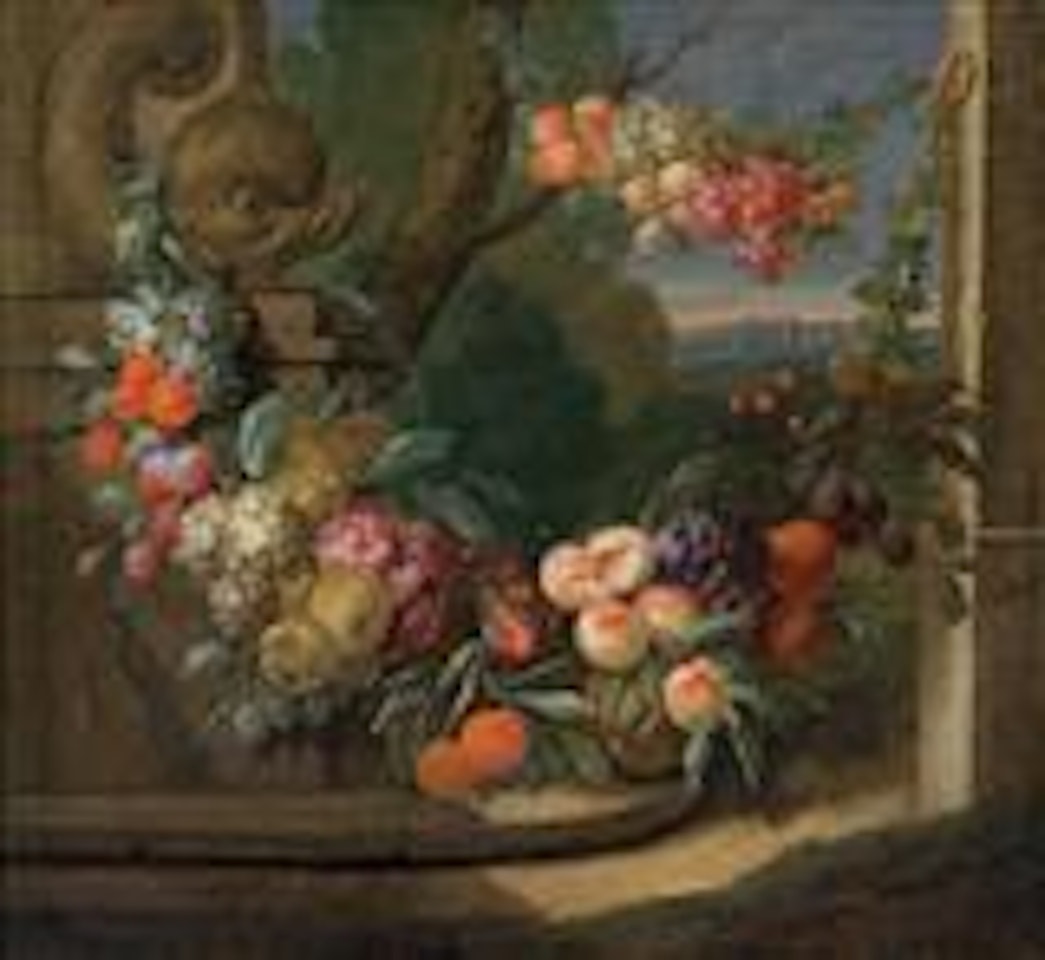 Fruit garland hanging from a fountain, with landscape background by Jan Pauwel Gillemans