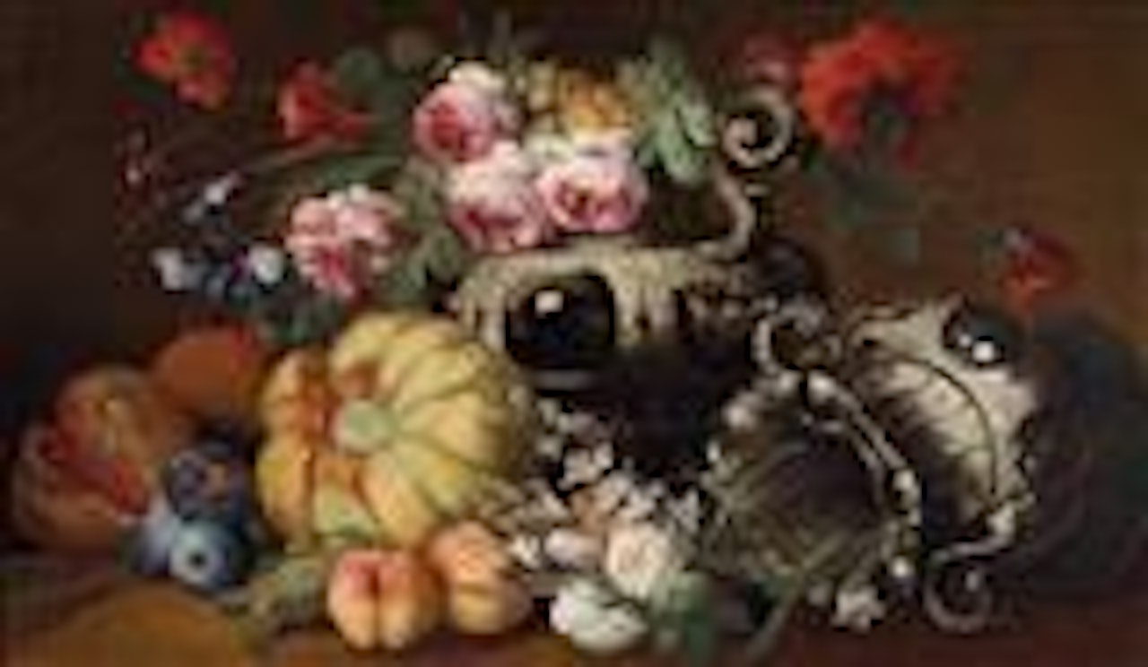 Still life of fruit and flowers, with two Baroque vases by Abraham Brueghel