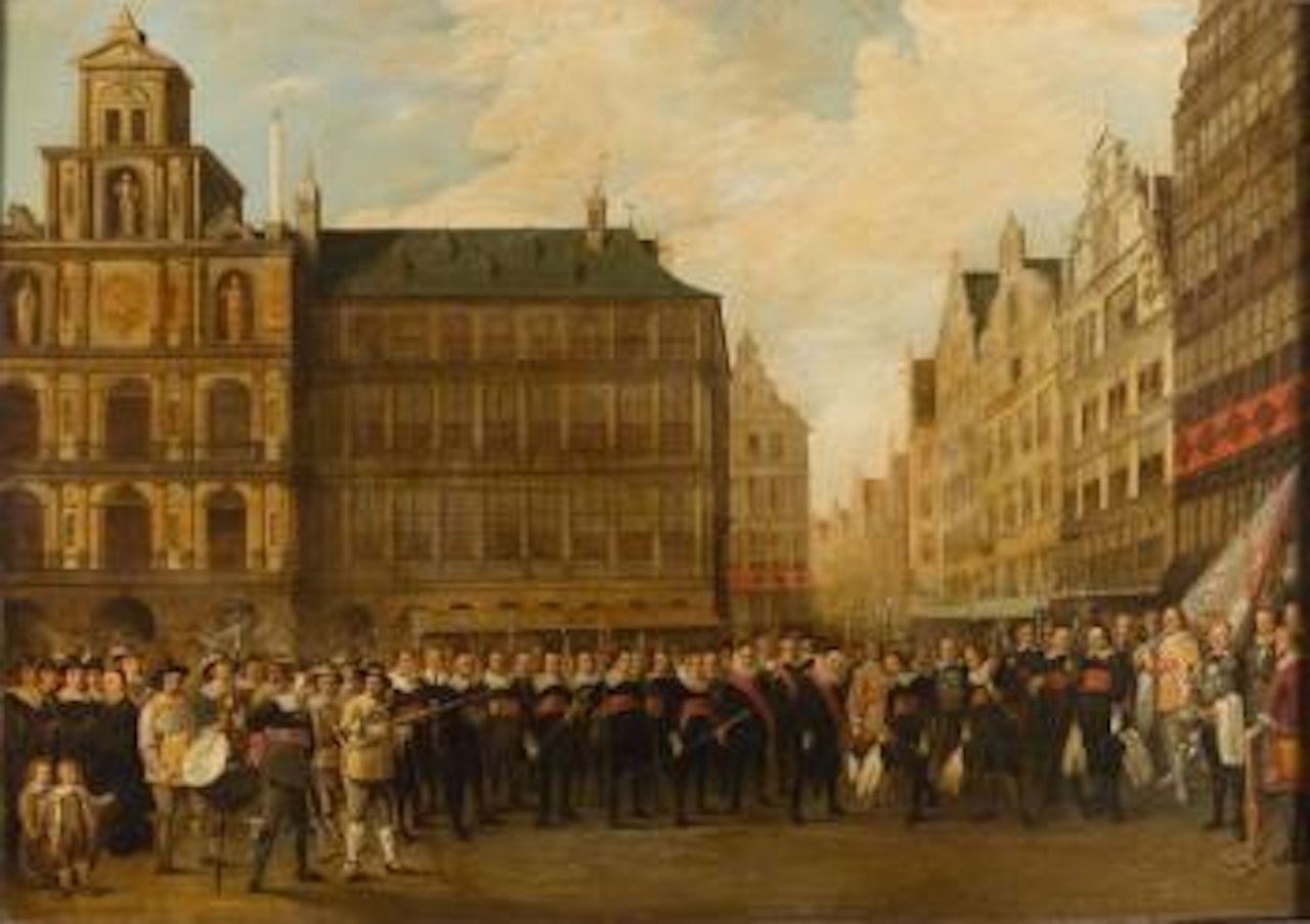 Assemblée des gardes sur la place du marché d'Anvers by Flemish School by David Teniers II