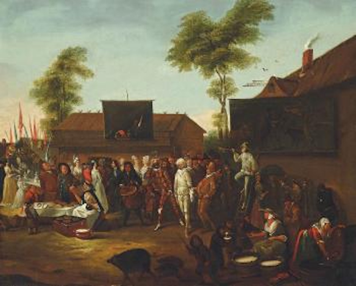 A village carnival with figures of the Commedia dell'Arte by Egbert van Heemskerk III