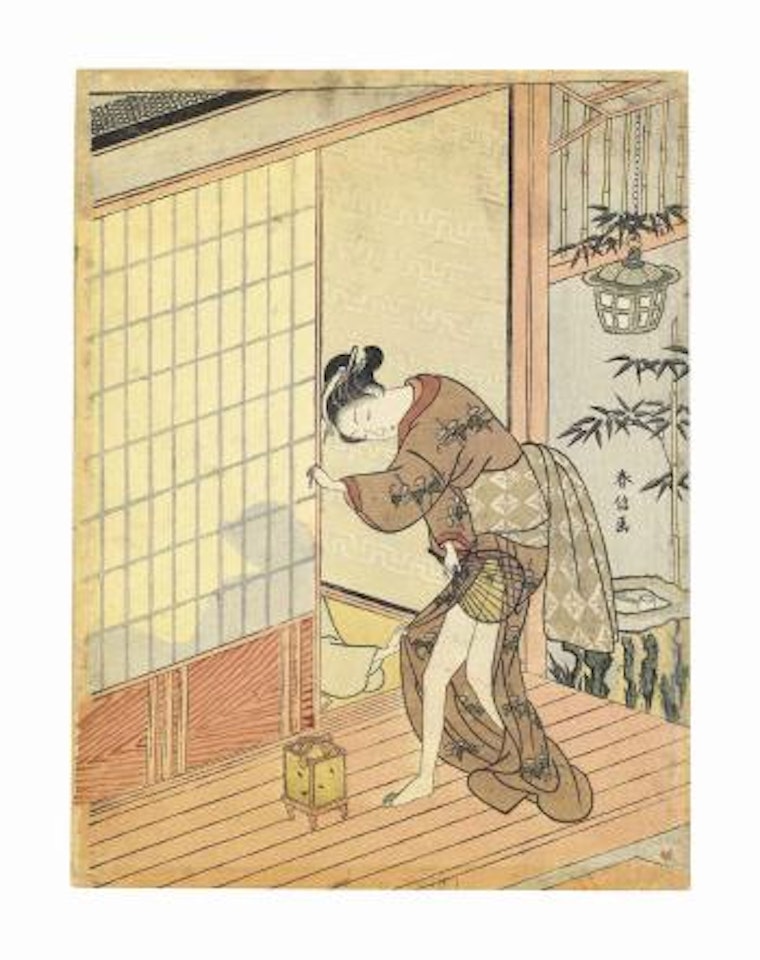 A young woman catching fireflies on a veranda in summer is grabbed by her robe by a man seen in silhouette through the sliding shoji screen, revealing her body through her transparent fan by Suzuki Harunobu