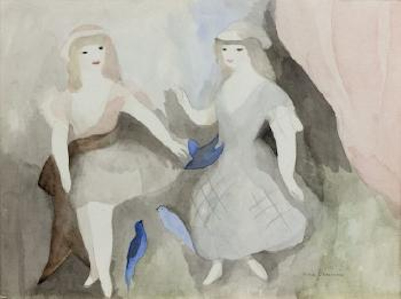 Deux jeunes filles aux oiseaux bleus by Marie Laurencin
