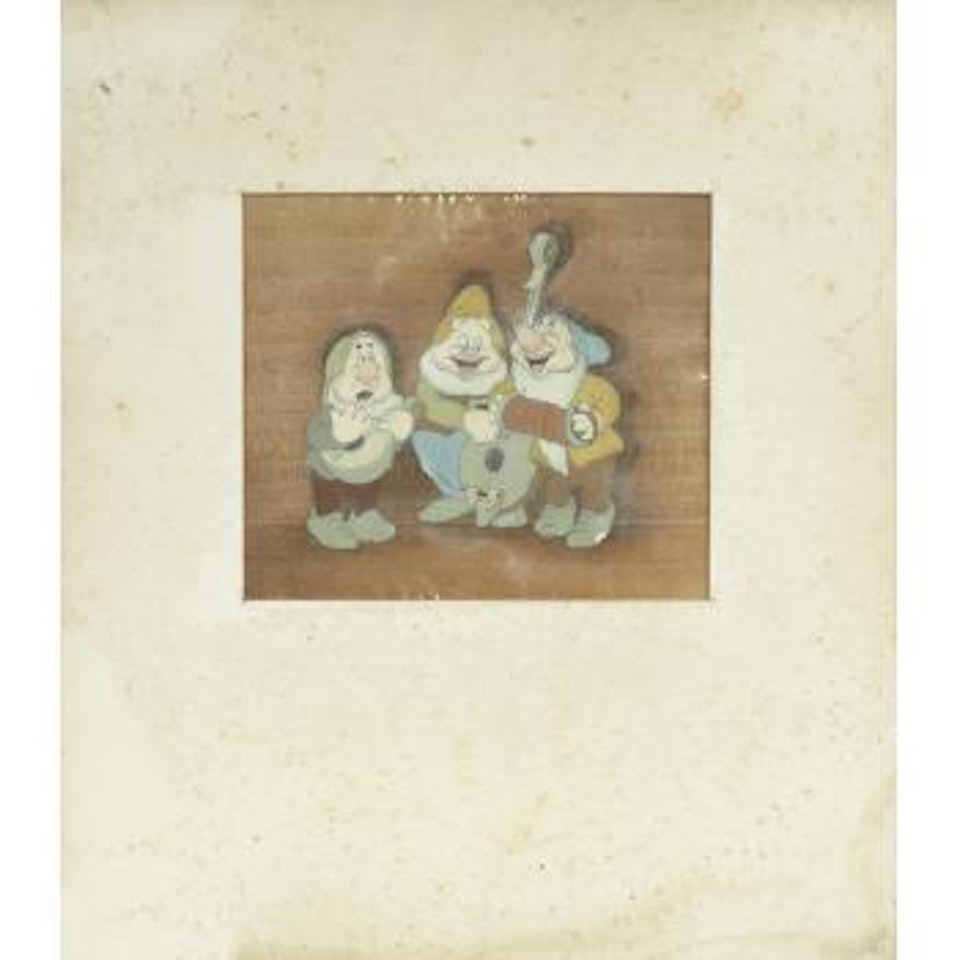 Snow white and the seven dwarfs: An original cel of sneezy, happy and bashful playing instruments by Walt Disney Studios