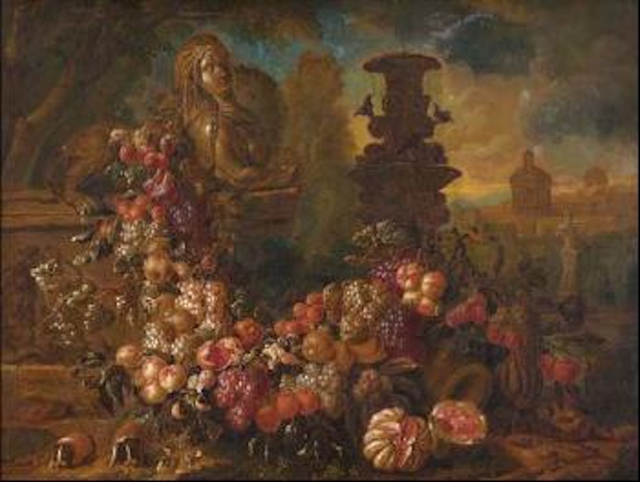 Üppiges Früchtestilleben mit Pfirsichen, Trauben und Melonen by Jan Pauwel Gillemans