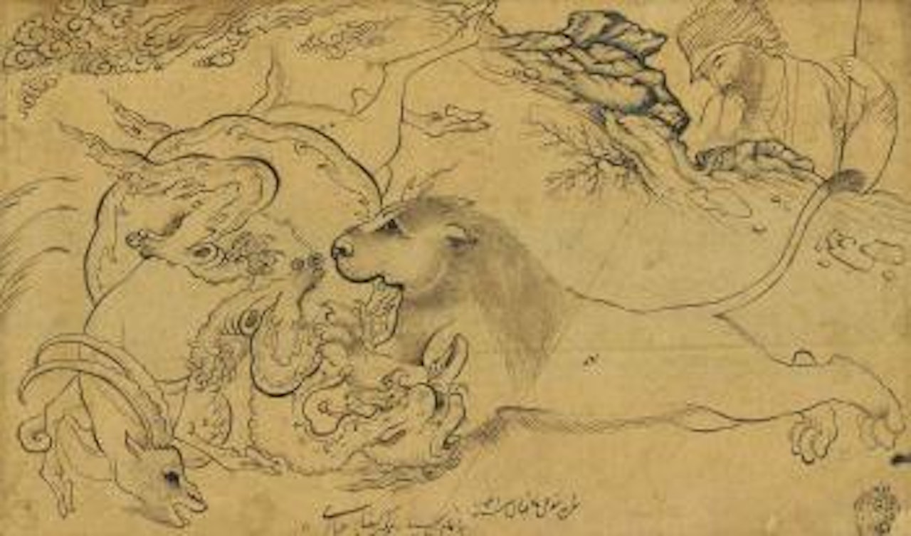 An animal combat scene by Safavid School