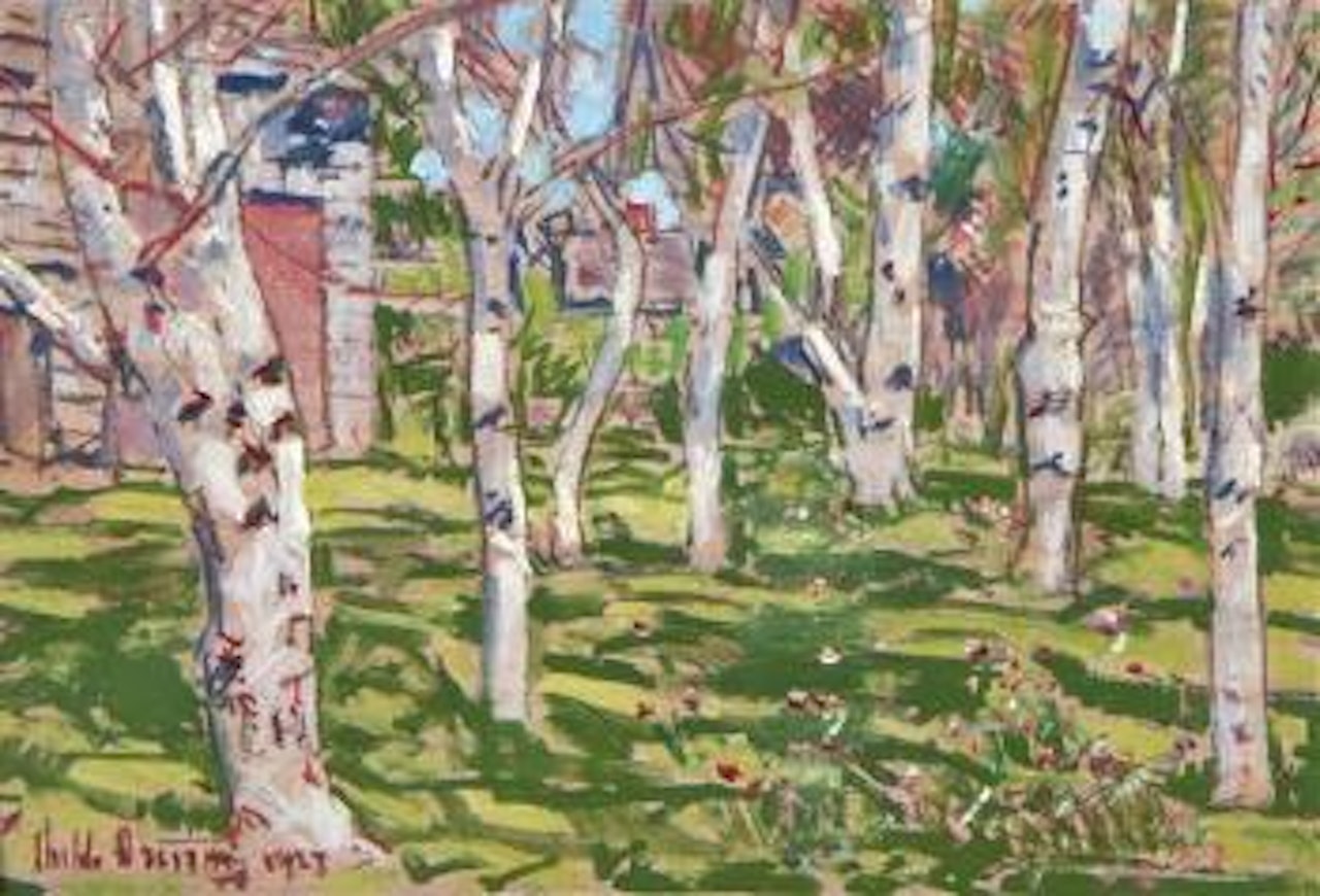 Old barn and the birches by Childe Hassam