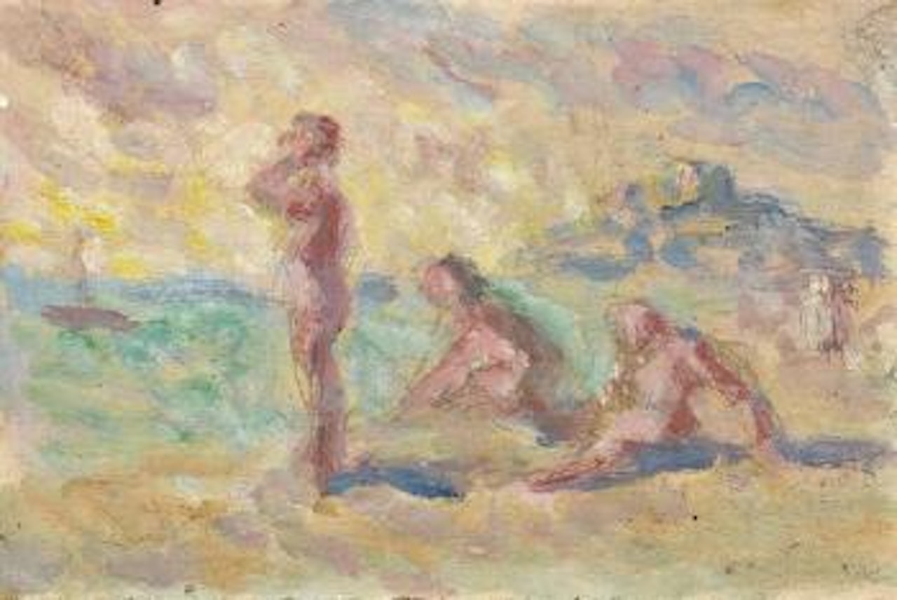 Scène de plage. Grue dans le port. Jeune baigneur by Maximilien Luce