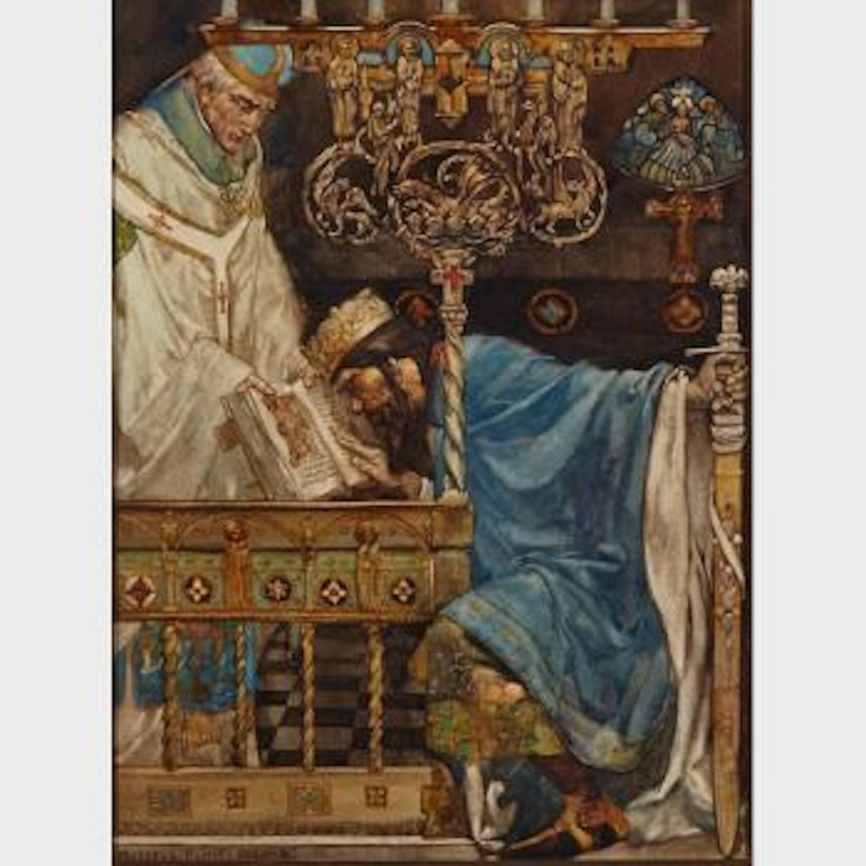 The King was sworn upon the four Evangelists (Frontispiece no. 1 from Morte Darthur) by William Russell Flint
