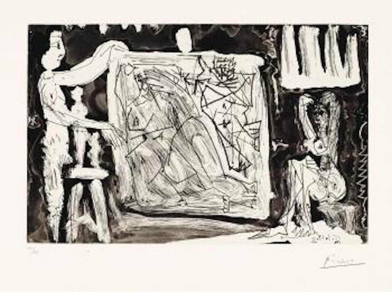 Dans lâatelier; Deux ModÃ¨les  avec une grande toile et des sculptures by Pablo Picasso