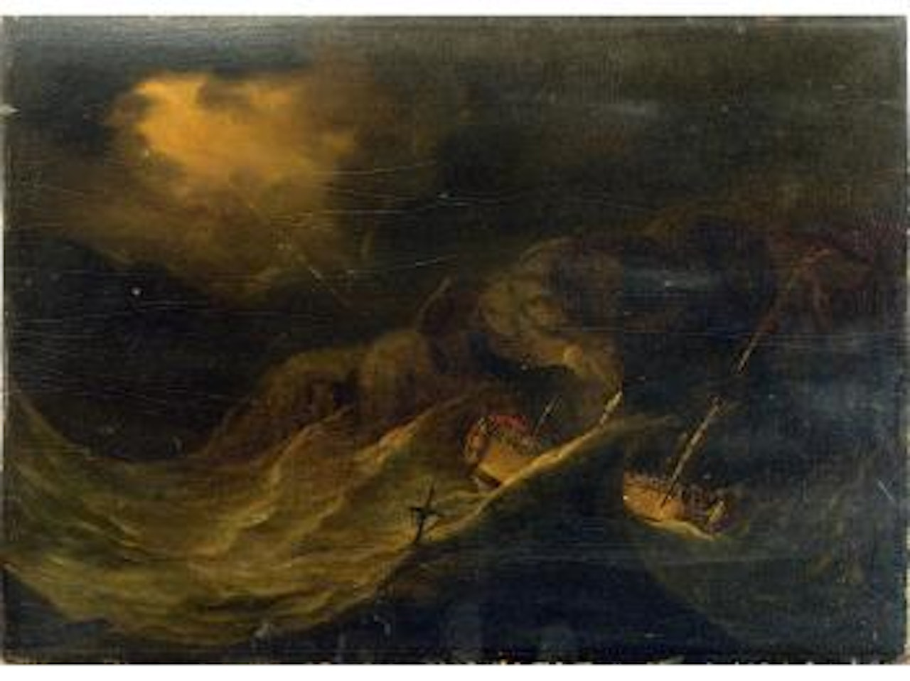 A dismasted vessel in high seas off a rocky coast by night by Francis Swaine
