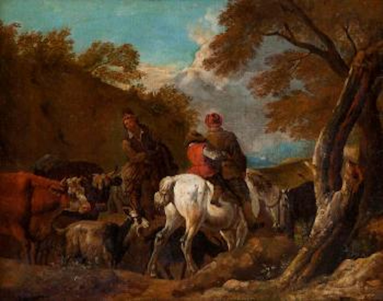 Paysage méditerranéen avec chevaliers et bétail by Pieter van Bloemen