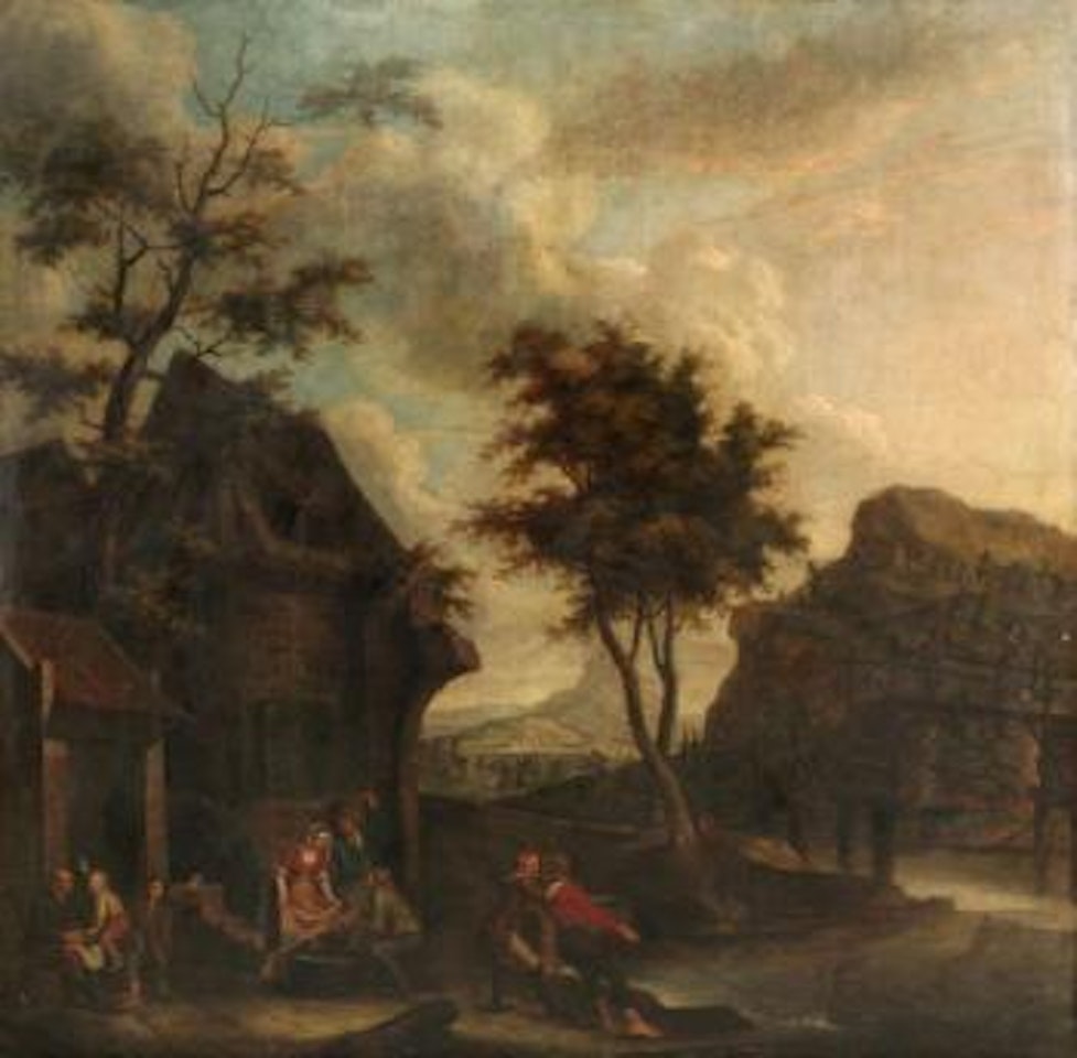 Paysage aquatique au pont by Flemish School