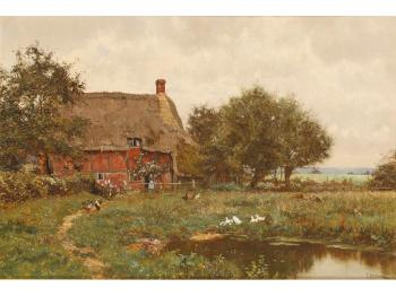 A cottage beside a pond with chickens and ducks in a landscape by Edward Wilkins Waite