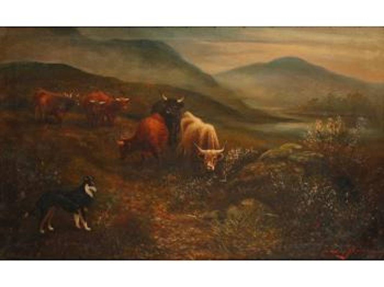 Highland cattle and a collie in a mountainous landscape by Herbert H Jones