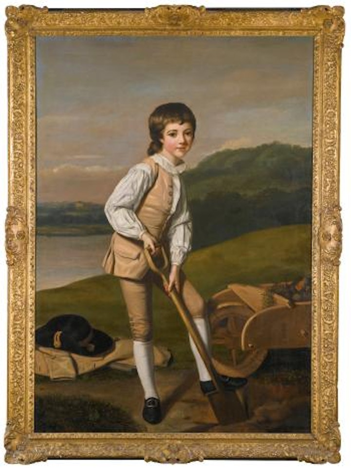 Portrait of sir William Clayton, 4th bt (1762-1834), when a boy, wearing a buff waistcoat and white shirt, holding a spade by William Hoare of Bath