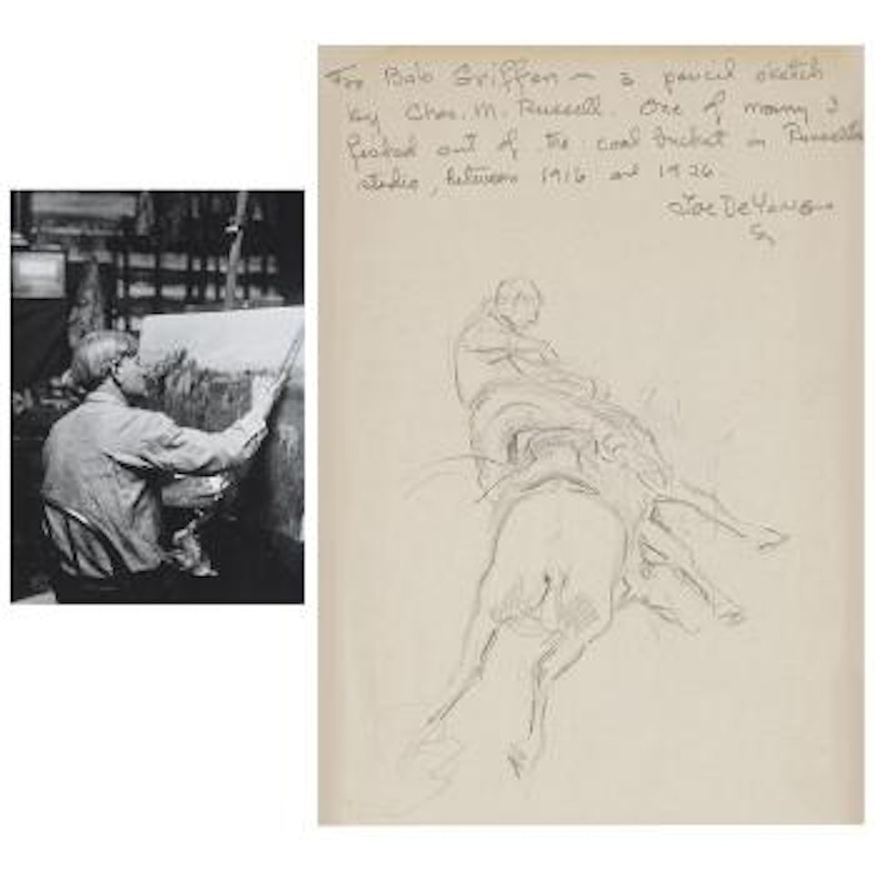 Drawing of a bucking bronco with a photograph of the artist at his easel by Charles M Russell