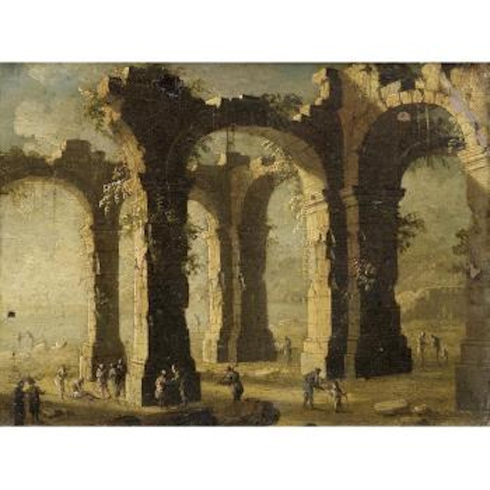 Figures in an architectural  capriccio by Gennaro Greco