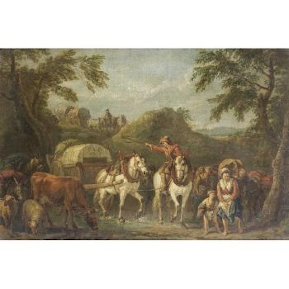 Travellers on horseback with cattle and sheep by Pieter van Bloemen