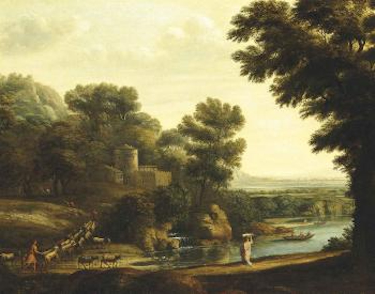 A wooded river landscape with travellers, shepherds and their flock on a path, a fortified city beyond by Claude Lorrain