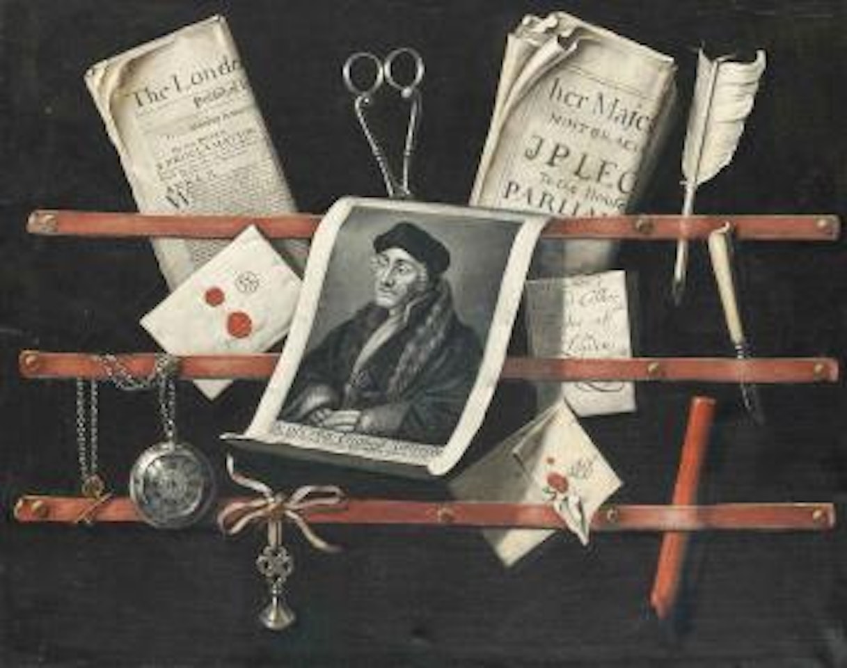 A trompe l'oeil of letters, an engraving after a portrait of Erasmus of Rotterdam (1466-1536), a quill, a pocket-watch, a stick of red wax and other objects by Edwaert Collier