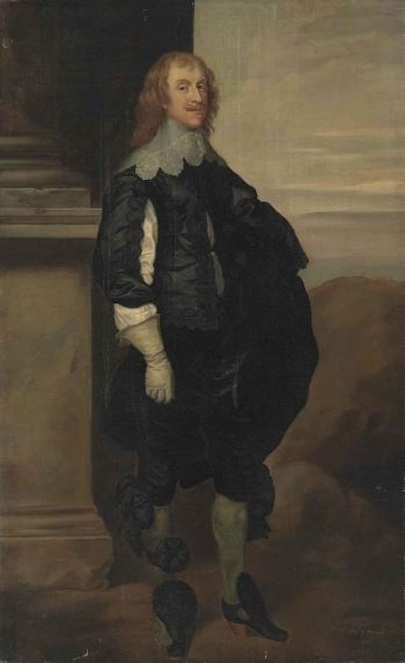 Portrait of a gentleman, full-length, in a black slashed doublet and breeches, with a lace collar and gloves by a column, with a landscape beyond by Anthony van Dyck