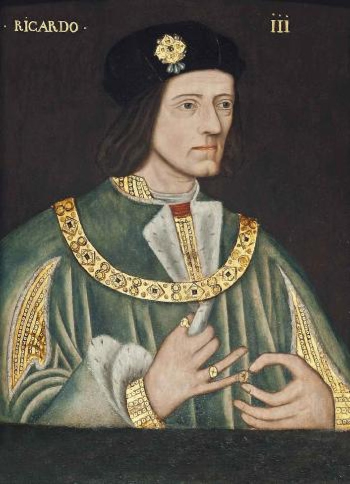 Portrait of King Richard III (1452-1485), half-length, in a blue, ermine lined mantel with lashed sleeves, a gold, jewel-encrusted necklace and a black cap with a jewel-encrusted brooch by English School
